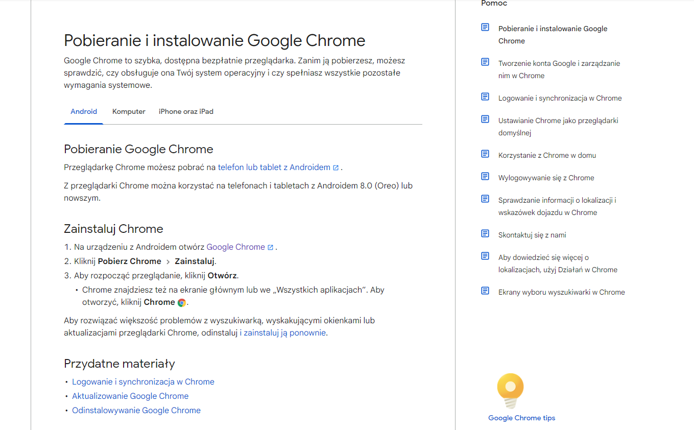 Pobieranie i instalowanie Google Chrome Android